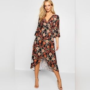 Black and Orange Floral wrap dress Fall Autumn dress